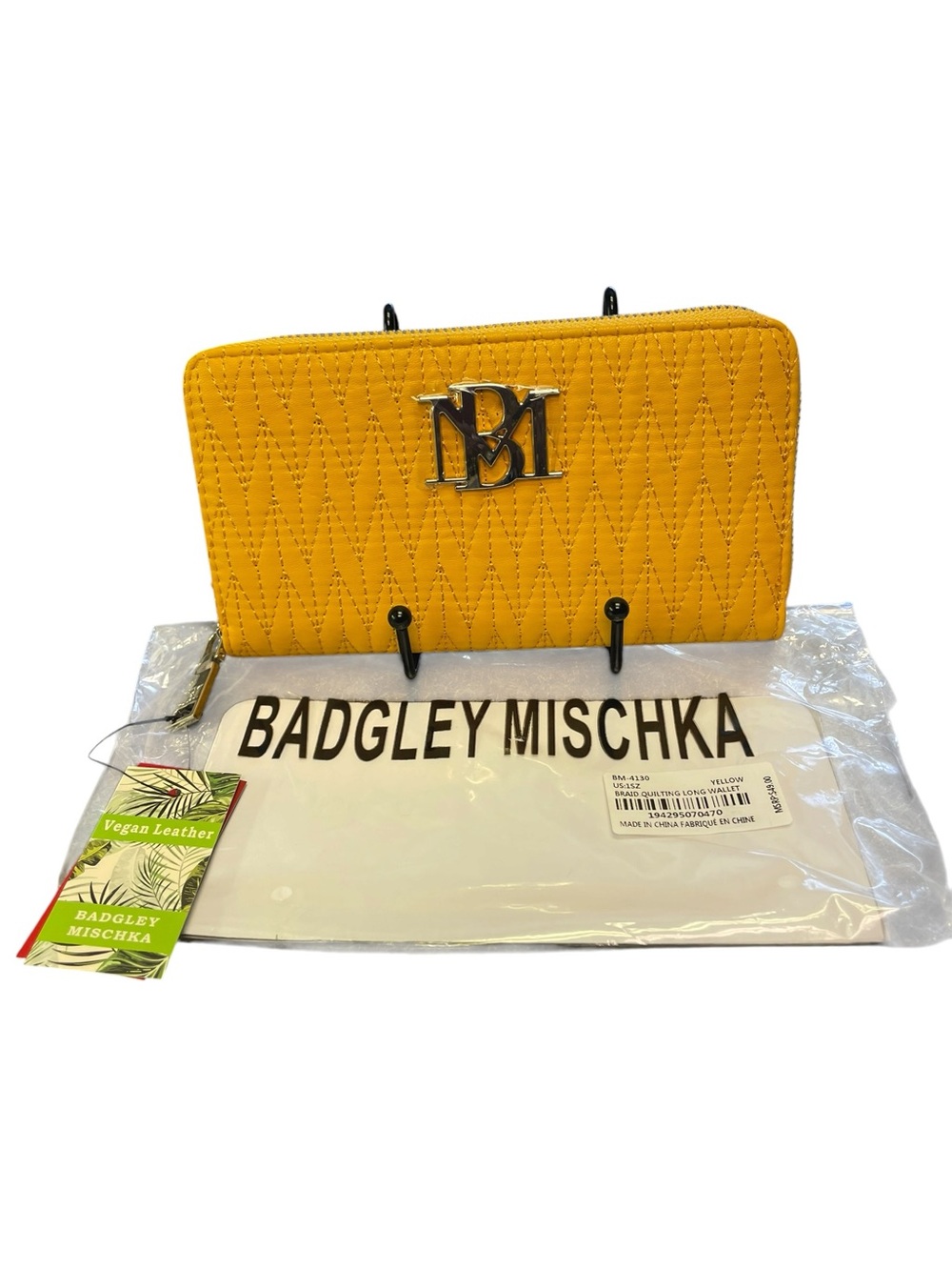 Badgley Mischka Quilted Yellow Vegan Leather Zip Wallet with Metal Logo